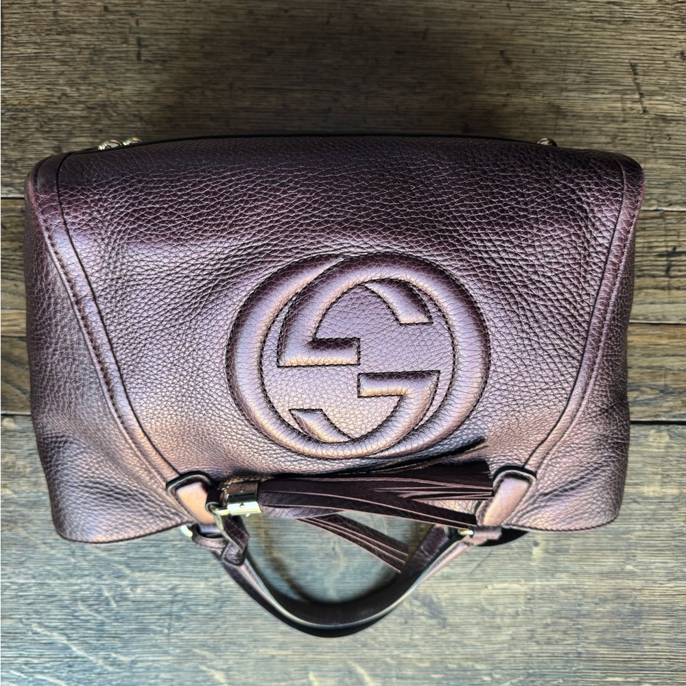 Gucci Pebbled Leather Satchel in Deep Burgundy with Tassel